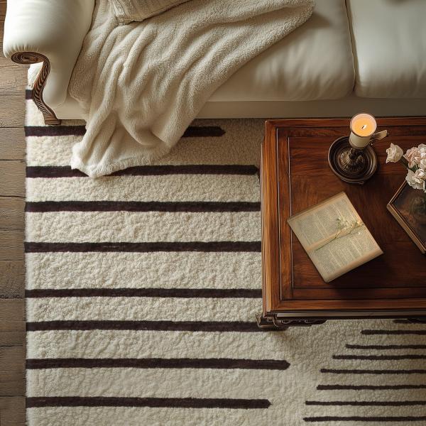 Alfombra berber beiger con rayas marrones en la acogedora sala de estar.